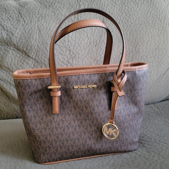 Michael Kors Jet Set Travel Extra-Small Logo Top-Zip Tote Bag in Brown - Picture 2 of 16